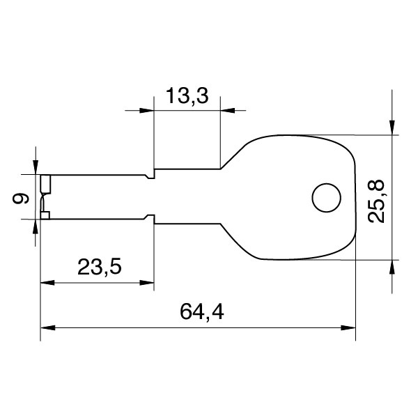 EVVA Akura44 key with coloured dot dimensions